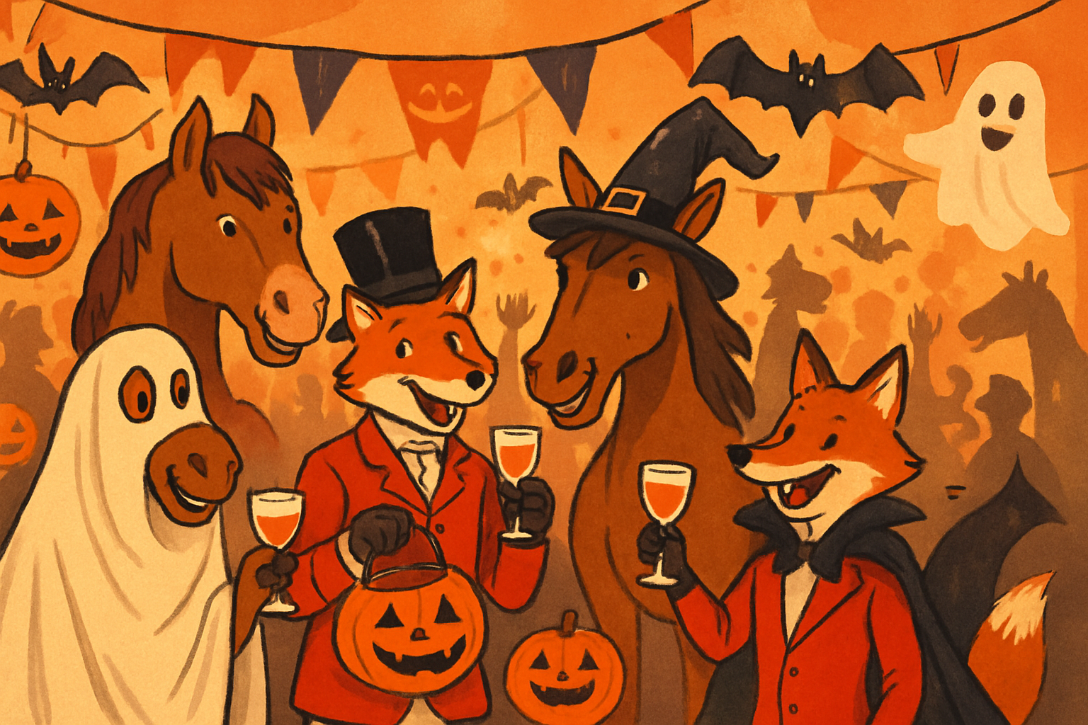 a halloween party themed image with the incorporation of horses and foxes this is a party for a foxhunting club  but keep the image playful and upbeat-1