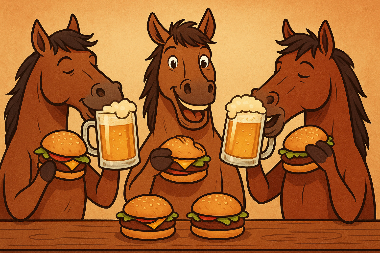create an image for event invitation with horses drinking beer and eating burgers